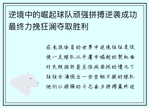 逆境中的崛起球队顽强拼搏逆袭成功最终力挽狂澜夺取胜利