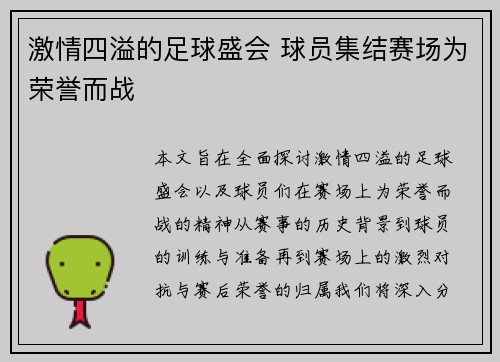 激情四溢的足球盛会 球员集结赛场为荣誉而战