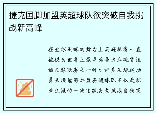 捷克国脚加盟英超球队欲突破自我挑战新高峰