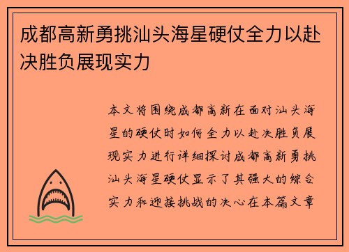 成都高新勇挑汕头海星硬仗全力以赴决胜负展现实力