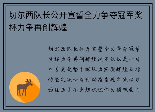 切尔西队长公开宣誓全力争夺冠军奖杯力争再创辉煌